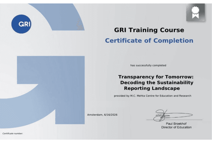 Transparency for Tomorrow: Decoding the Sustainability Reporting Landscape — GRI certificate of completion